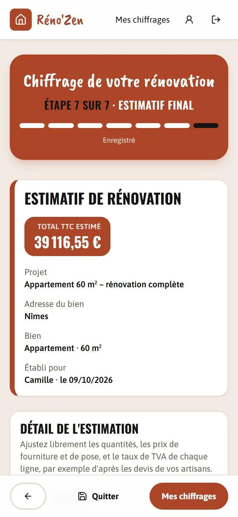Le Calculateur Réno'Zen sur téléphone : l'estimatif détaillé d'un projet, avec les totaux HT, TVA et TTC