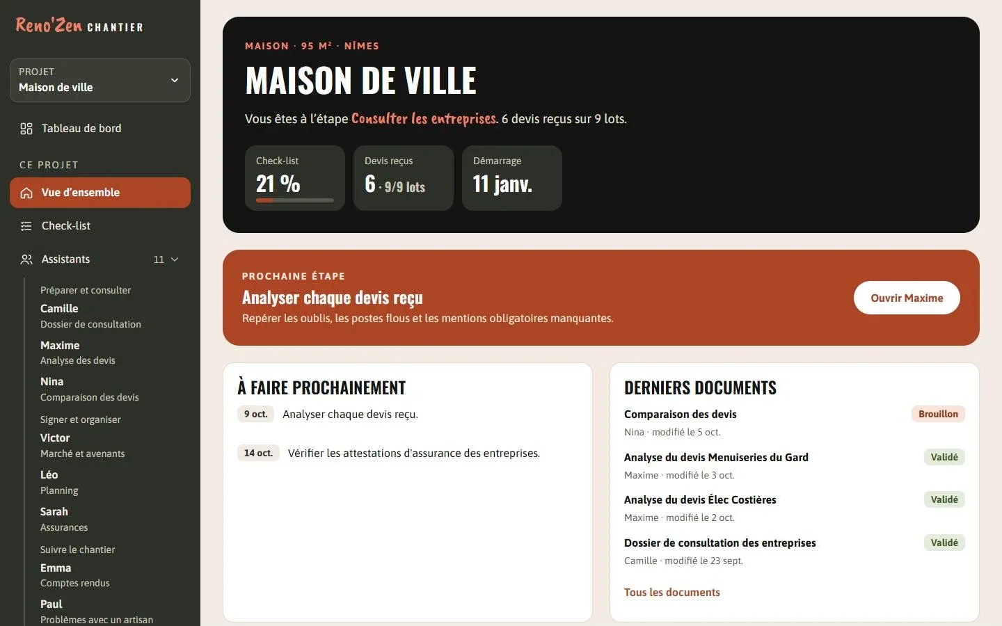 Reno'Zen Chantier sur ordinateur : la vue d'ensemble d'un projet, avec la prochaine étape, les tâches à faire et les derniers documents préparés par les assistants